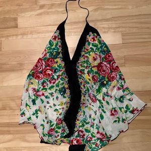 Low cut back 100% silk top, floral print